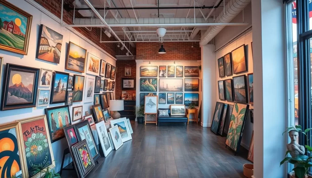 Generate an image of a local art gallery in downtown Huntington, featuring a variety of artworks on display.