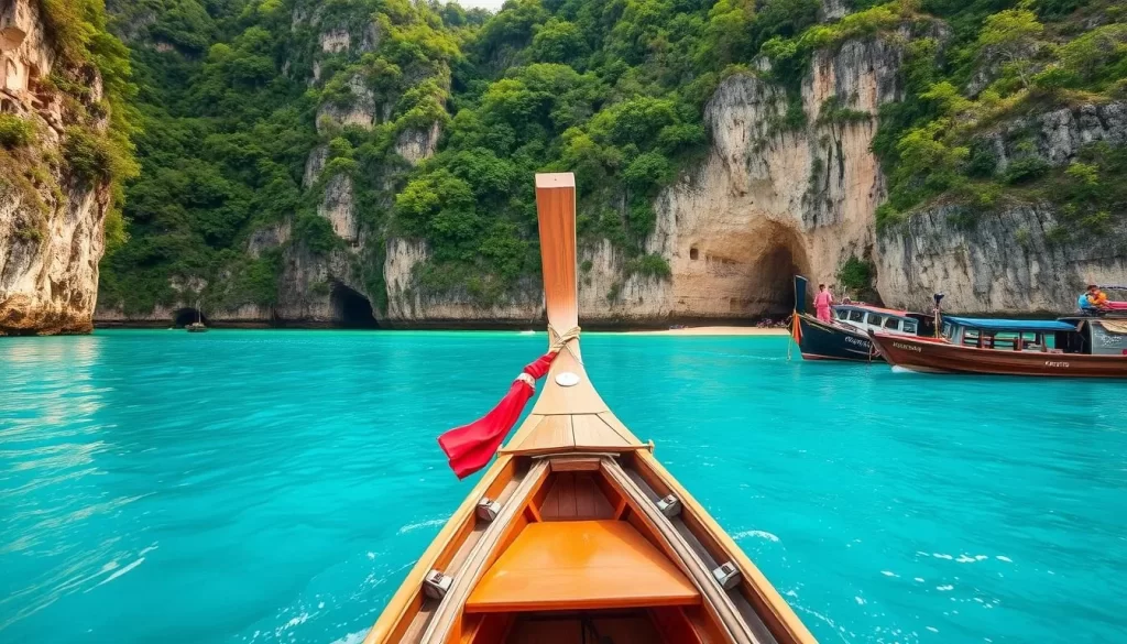 Generate an image of a longtail boat approaching Ton Sai Beach