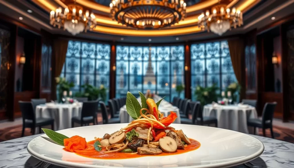Generate an image of a luxurious Bangkok restaurant with a beautifully presented Thai dish.
