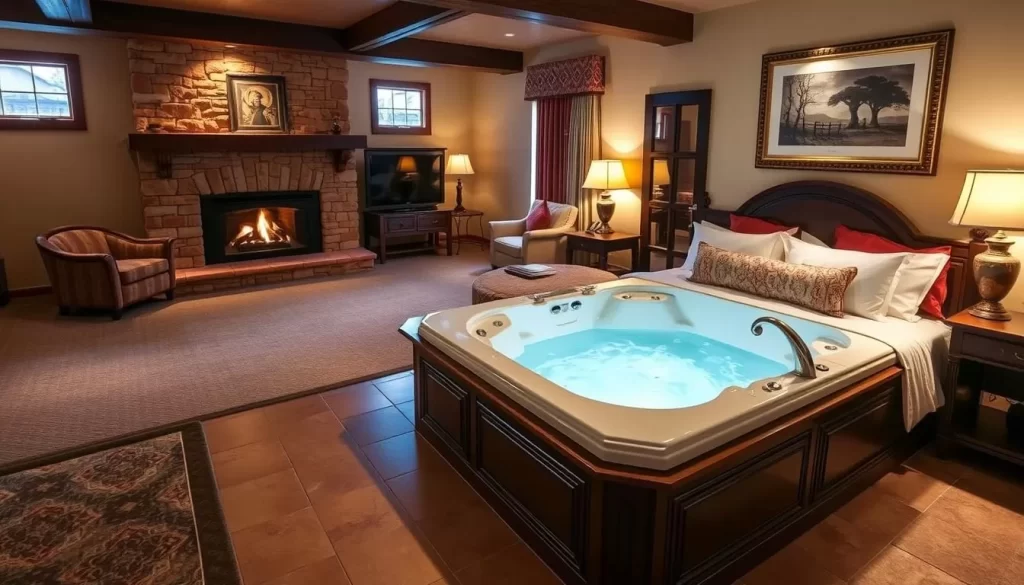 Generate an image of a luxurious hotel room in Kanab, Utah, with a jacuzzi tub and fireplace.