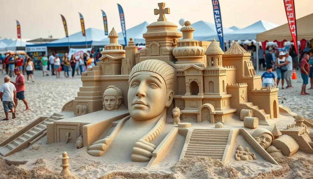 Generate an image of a majestic sand sculpture at the Texas Sandfest in Port Aransas.
