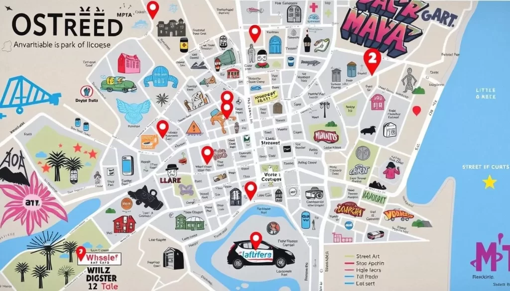 Generate an image of a map highlighting street art locations in Ostend