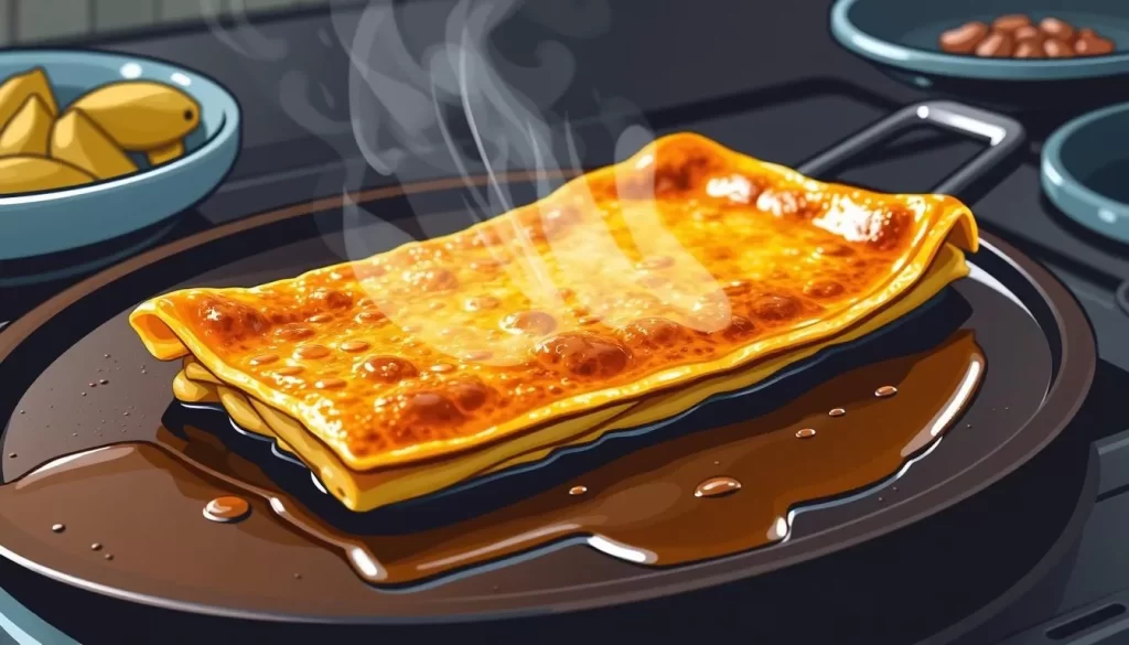 Generate an image of a martabak being cooked on a griddle.