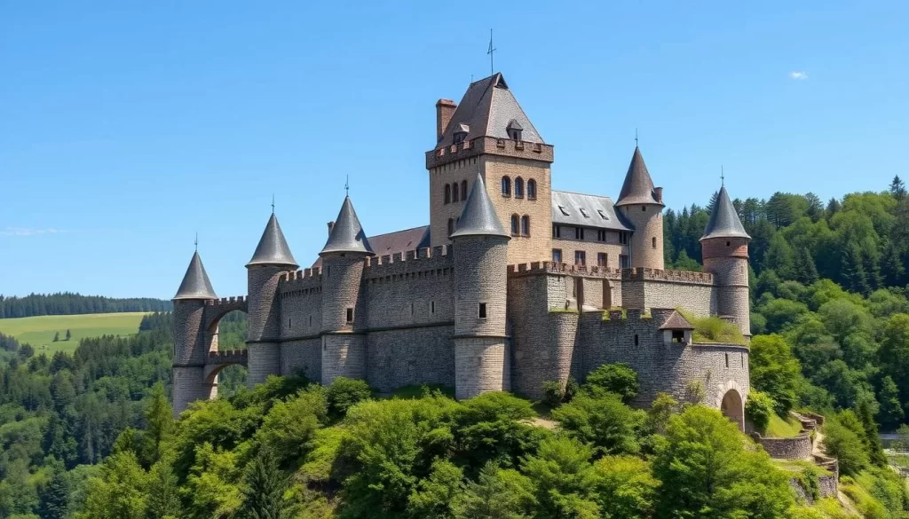 Generate an image of a medieval castle in the Belgian Ardennes