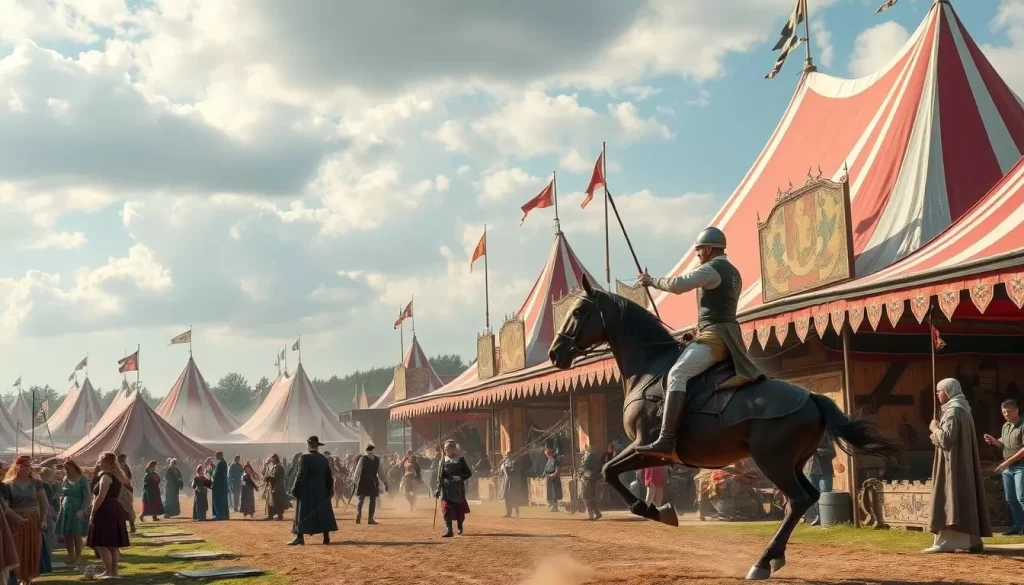 Generate an image of a medieval-themed festival with jousting tournaments, artisan crafts, and period entertainment.