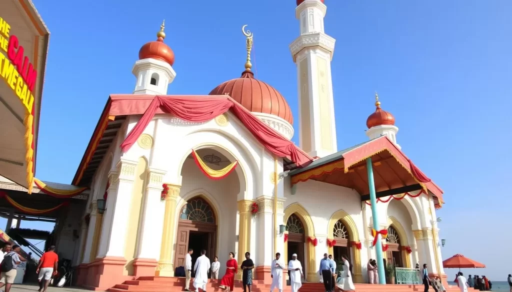 Generate an image of a mosque in Maldives during The Day Maldives Embraced Islam celebrations