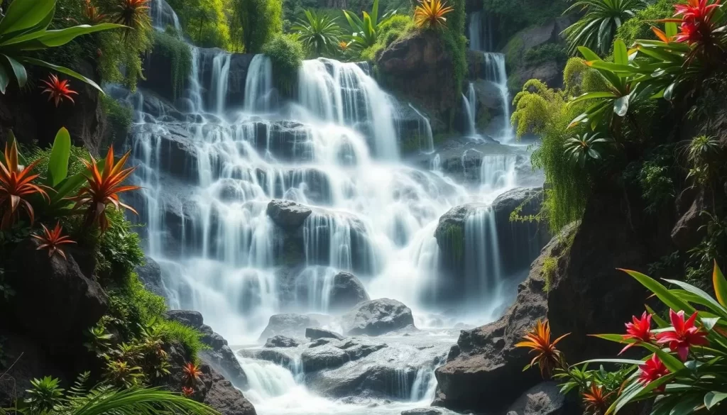 Generate an image of a multi-tiered waterfall surrounded by lush vegetation.