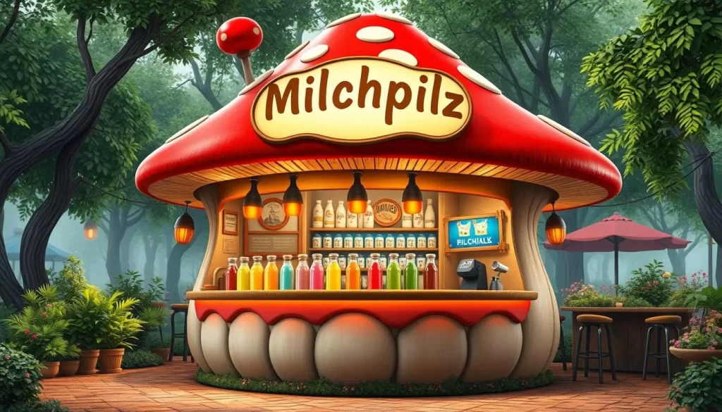 Generate an image of a mushroom-shaped kiosk with a sign reading "Milchpilz" and a variety of flavored milks on display.