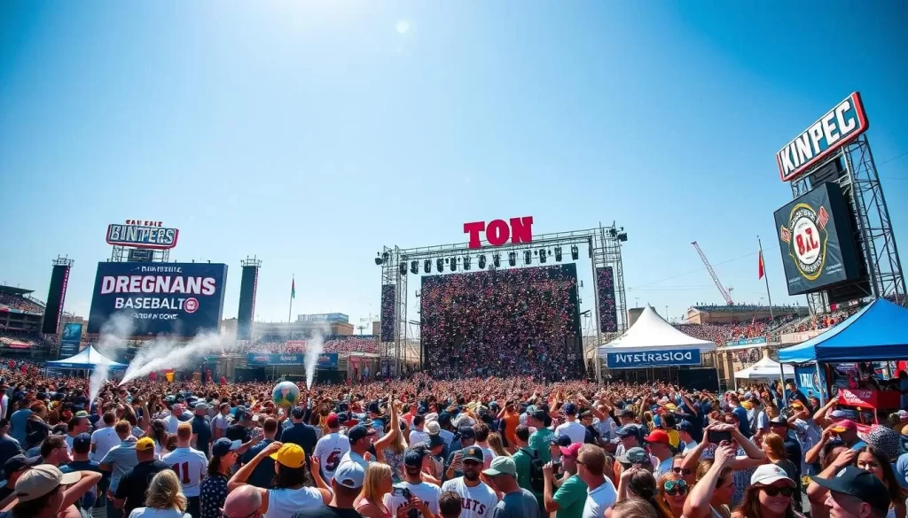 Generate an image of a music festival with rock, pop, and country performances, along with baseball-themed activities.