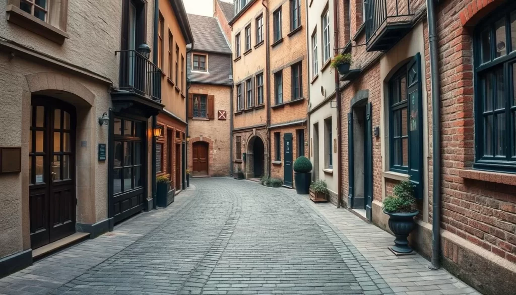 Generate an image of a narrow, cobblestone alleyway in Liège, with historic houses and charming courtyards.