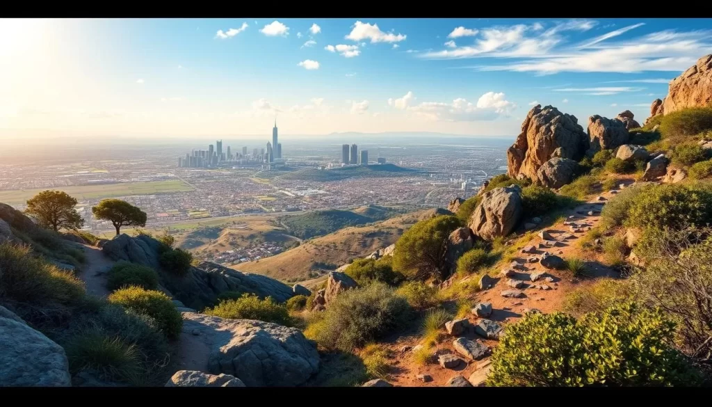 Generate an image of a nature reserve with hiking trails, rocky terrain, and panoramic views of Johannesburg's skyline.