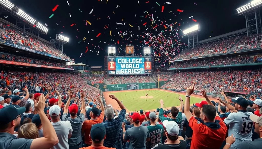 Generate an image of a packed stadium during the College World Series, with enthusiastic fans cheering on their teams.