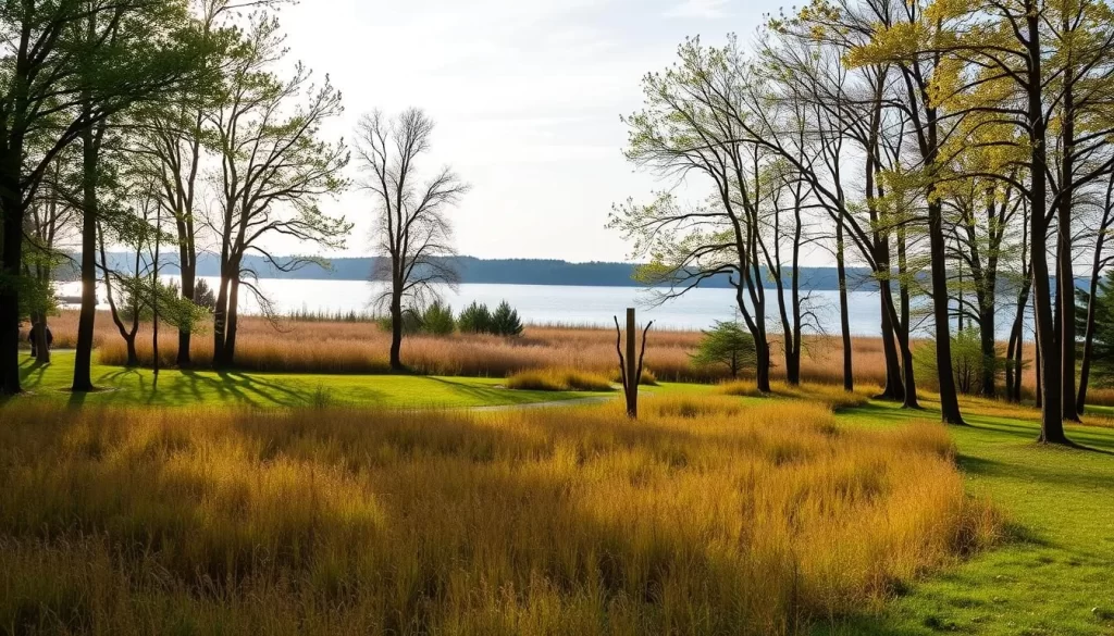 Generate an image of a park with a mix of prairie and woodland areas, with a lake in the background