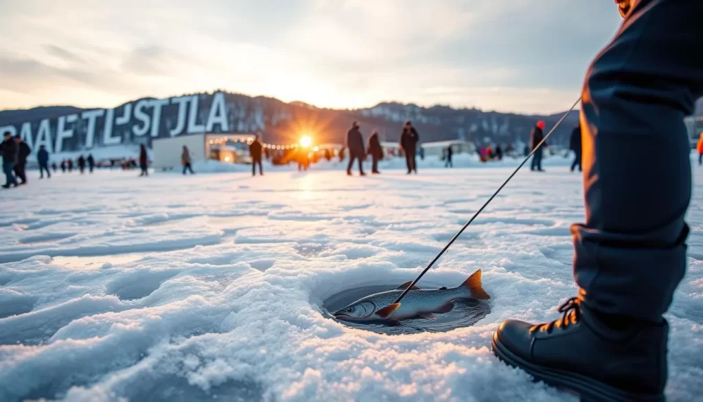 Generate an image of a person catching a trout through a hole in the ice at the Pyeongchang Trout Festival.