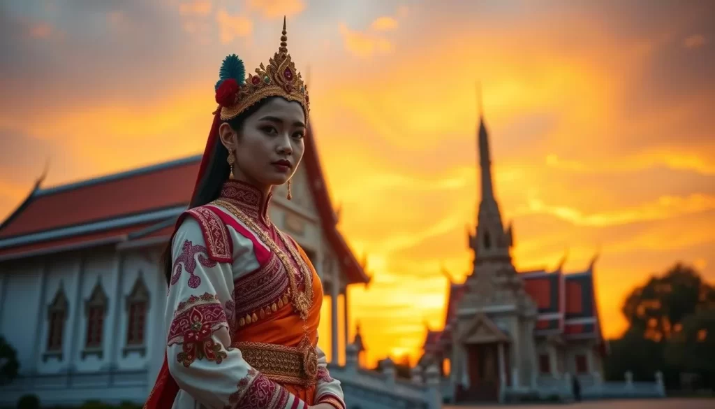 Generate an image of a person dressed in traditional Thai costume standing in front of Wat Chaiwatthanaram at sunset.