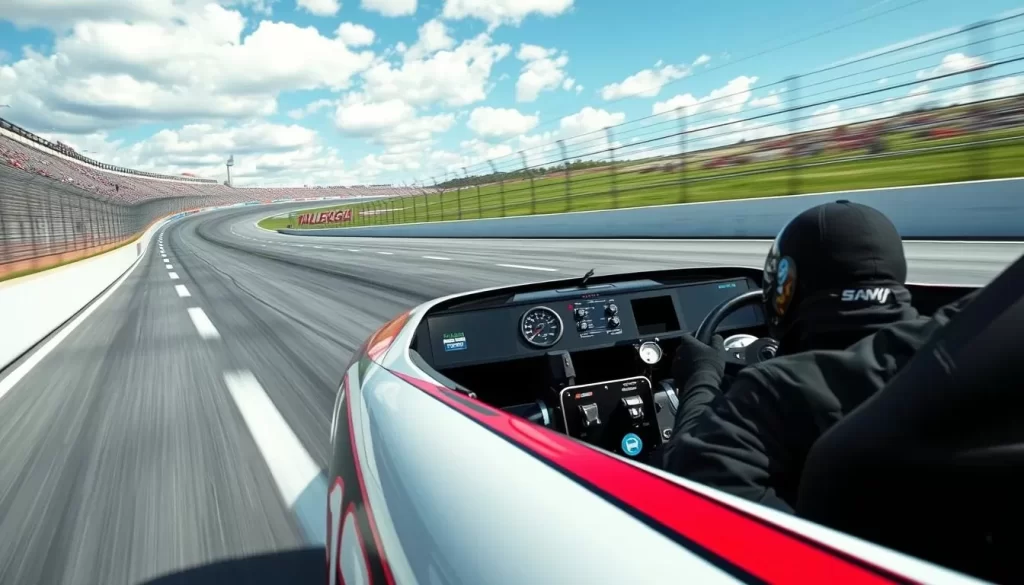 Generate an image of a person driving a NASCAR race car on the Talladega Superspeedway track.