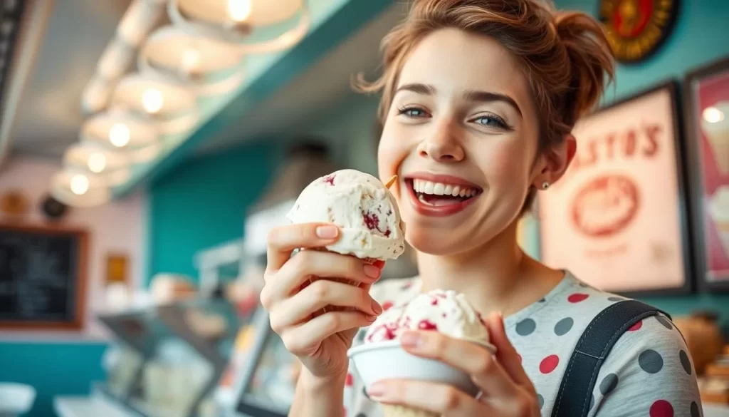 Generate an image of a person enjoying a scoop of Nasto's Ice Cream at the store