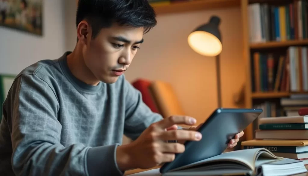 Generate an image of a person using a tablet to learn Kokborok language
