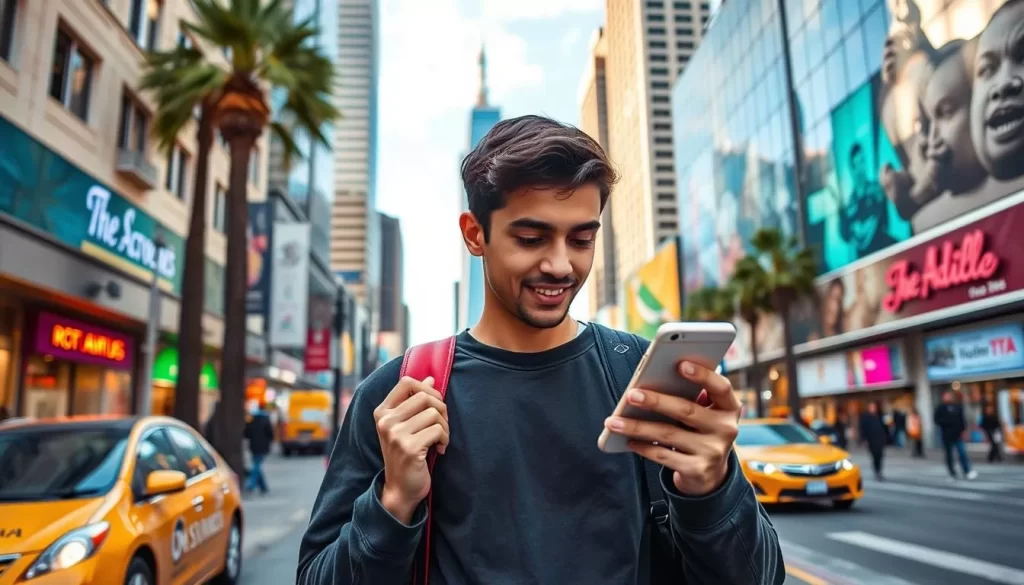 Generate an image of a person using a transportation app on their smartphone to navigate Los Angeles