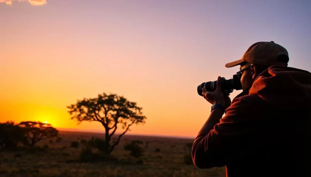 Generate an image of a photographer capturing a golden sunset in Mikumi National Park.