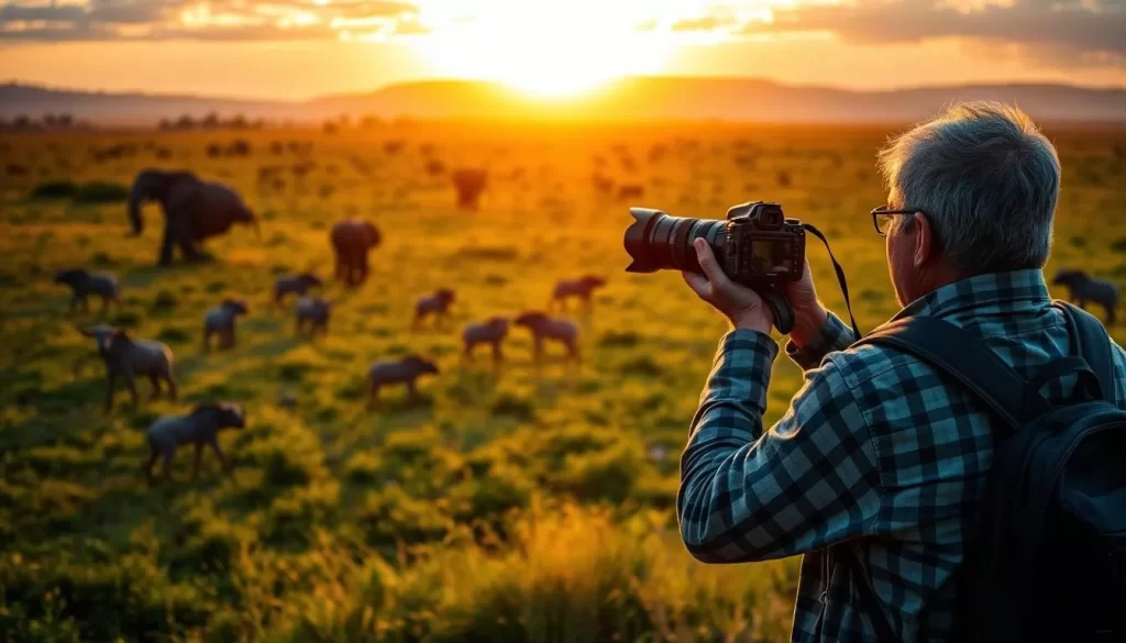 Generate an image of a photographer capturing wildlife in Masai Mara during the golden hour.