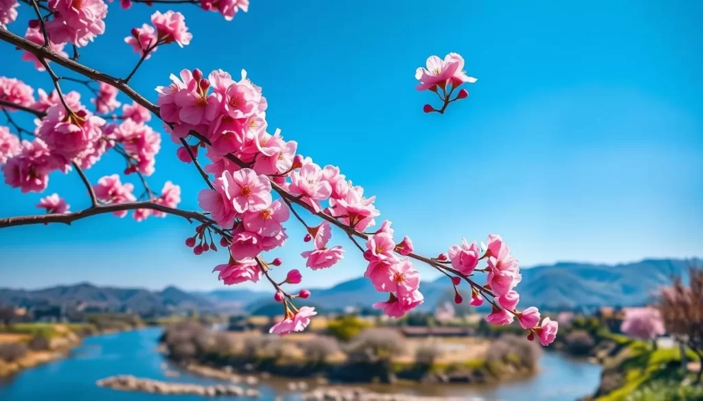 Generate an image of a picturesque cherry blossom landscape in Hsinchu County