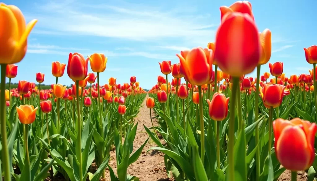 Generate an image of a picturesque tulip farm with vibrant tulips swaying in the breeze.
