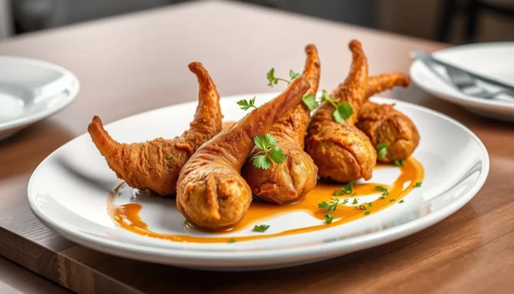 Generate an image of a plate of fried bull testicles being served.