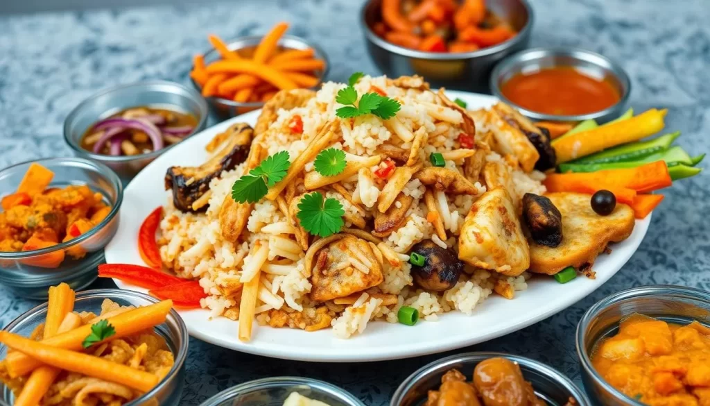 Generate an image of a plate of nasi uduk with various side dishes.