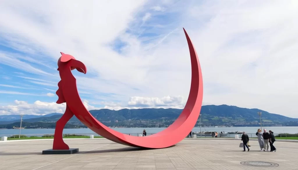 Generate an image of a public art installation in Bregenz, showcasing a unique piece of art in a scenic setting.