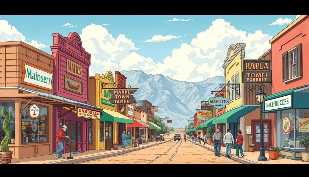 Generate an image of a quaint Main Street in one of the border towns.