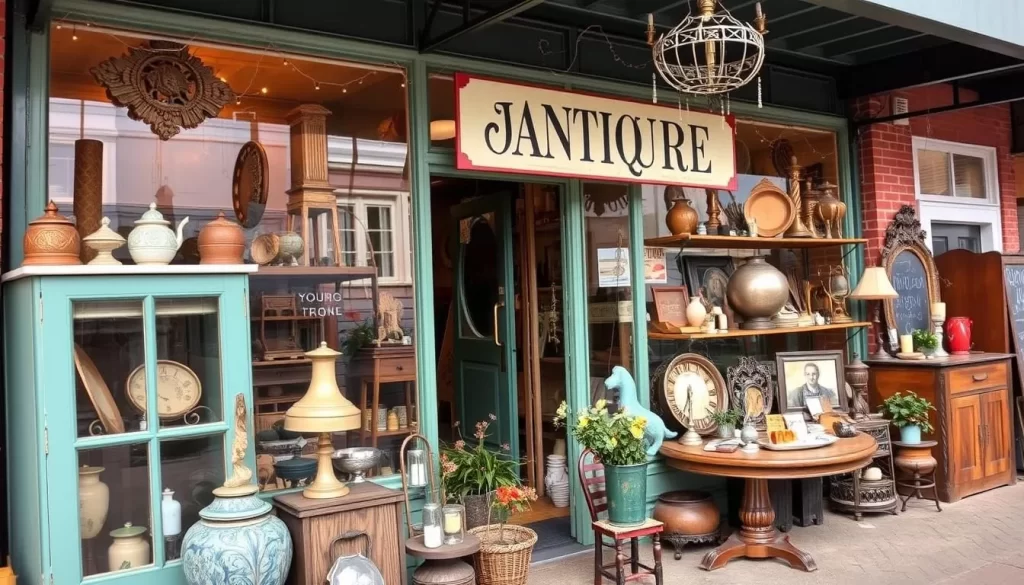 Generate an image of a quaint antique shop in downtown Huntington, featuring unique items and vintage decor.