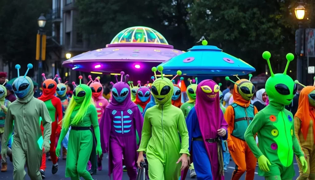 Generate an image of a quirky UFO-themed parade with participants in creative alien costumes.