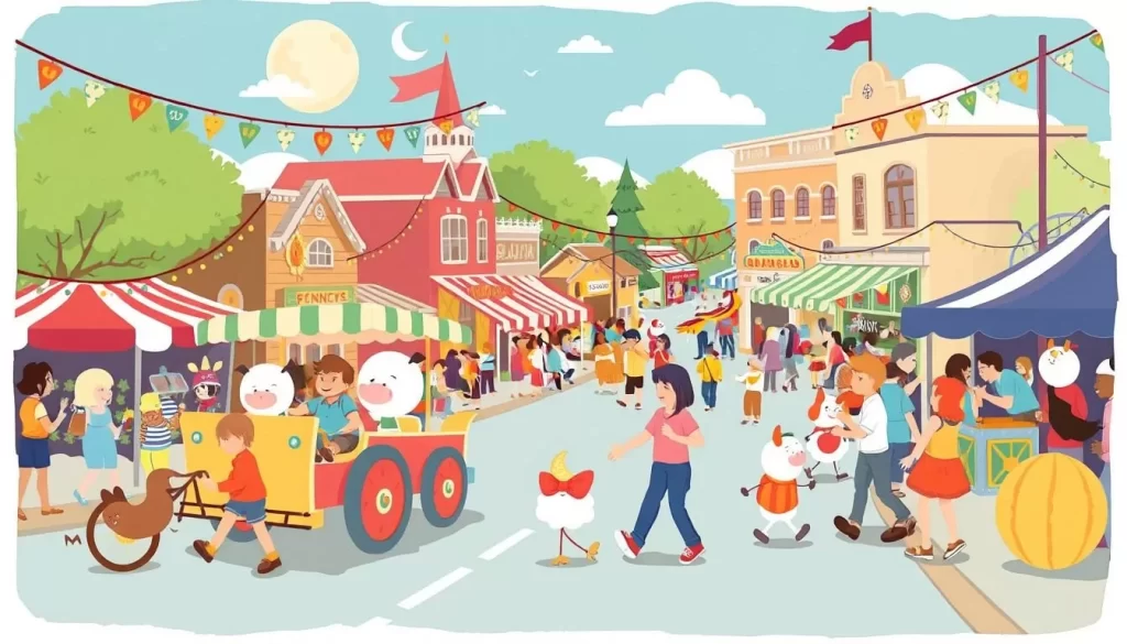 Generate an image of a quirky small-town festival with a parade, MoonPie-themed activities, and a lively community atmosphere.