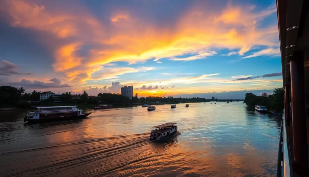 Generate an image of a river cruise on the Melaka River at sunset