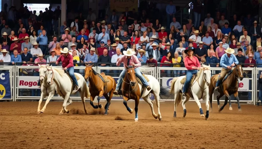 Generate an image of a rodeo event with cowboys and cowgirls competing, surrounded by a lively crowd.