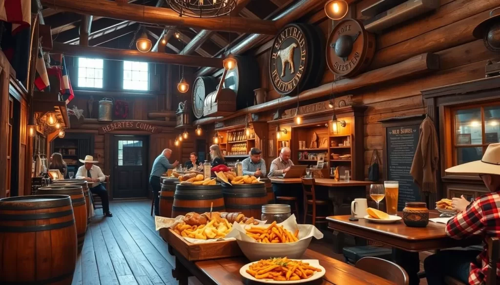 Generate an image of a rustic, 19th-century general store turned into a Wild West-style saloon with hearty American comfort food.