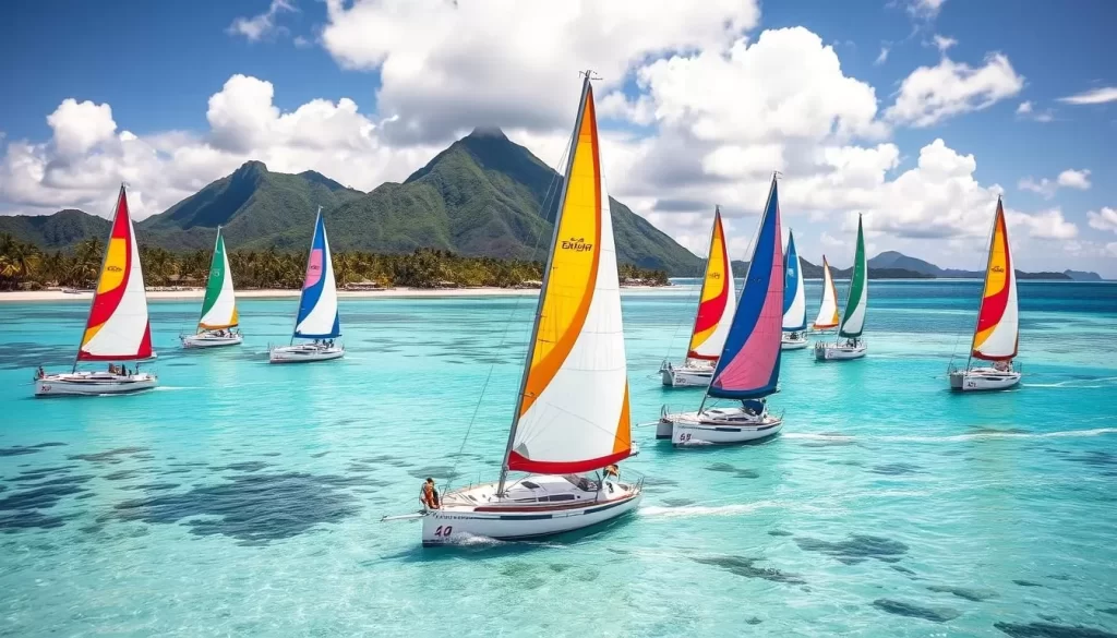 Generate an image of a sailing regatta in the crystal-clear waters of French Polynesia.