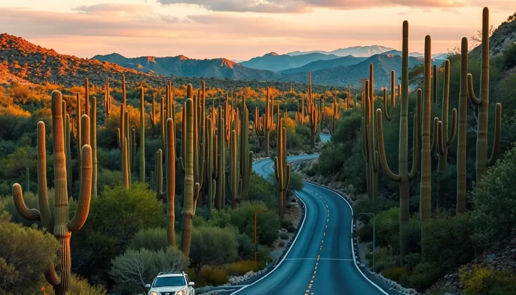Generate an image of a scenic drive through a dense forest of saguaro cacti at sunrise.
