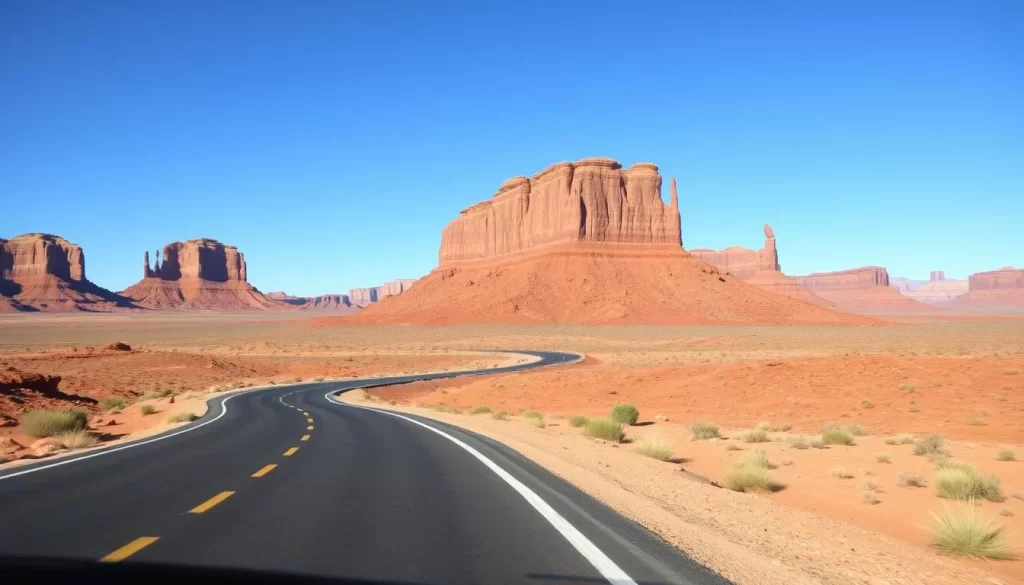 Generate an image of a scenic drive through a desert landscape with red rock formations.