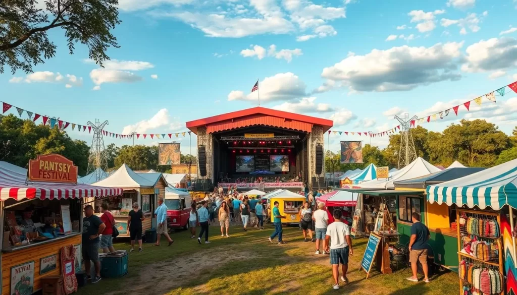 Generate an image of a scenic festival grounds with a large stage, surrounded by food trucks and artisans selling handmade goods, amidst a backdrop of Southern charm.