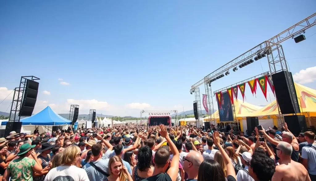 Generate an image of a scenic outdoor music festival with a diverse crowd enjoying live music