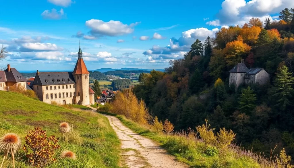 Generate an image of a scenic trail in Wiltz, Luxembourg, with historical landmarks and natural beauty.