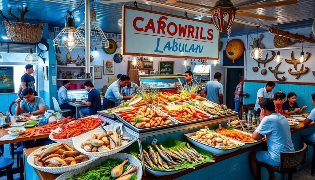 Generate an image of a seafood restaurant in Labuan, with a variety of fresh seafood on display.