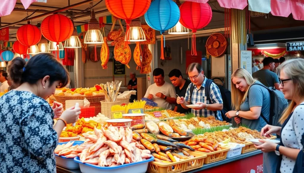 Generate an image of a seafood stall at the festival, with a variety of seafood on display and people enjoying their meals.
