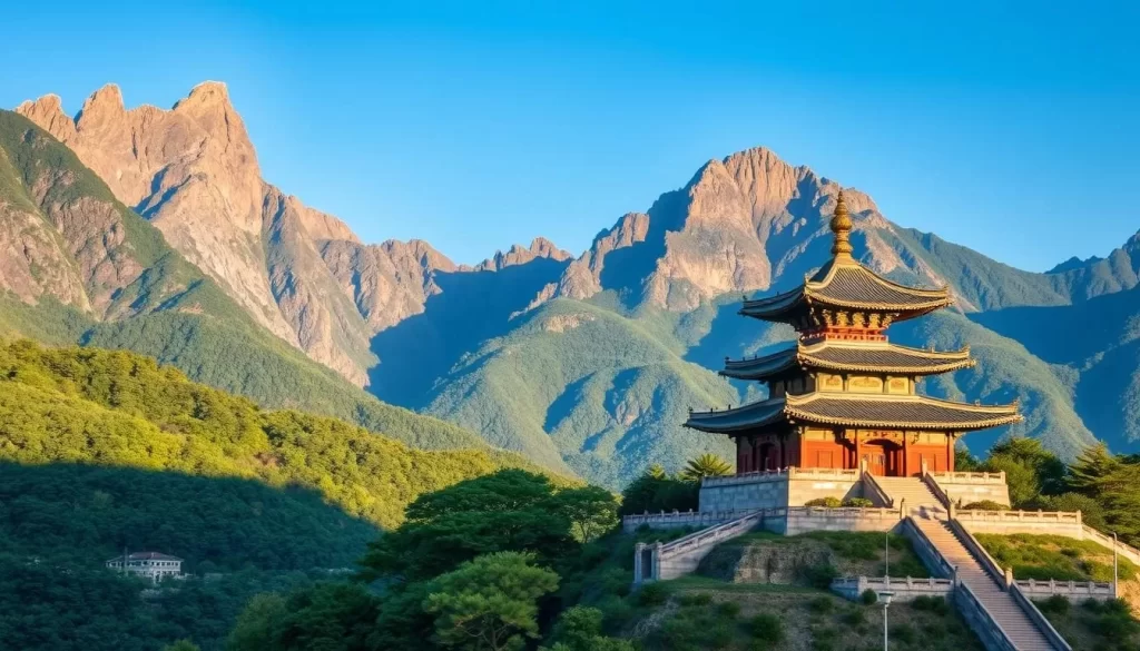 Generate an image of a serene Buddhist temple nestled in the mountains of South Gyeongsang Province.