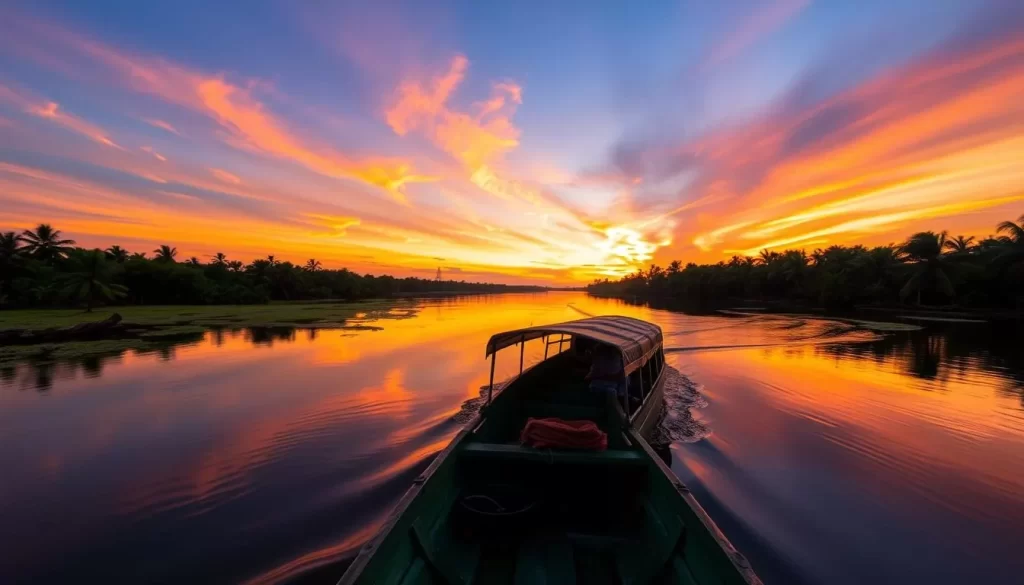 Generate an image of a serene Sundarbans cruise at dusk with the Chitralekha or Sarbajaya boat in the foreground.