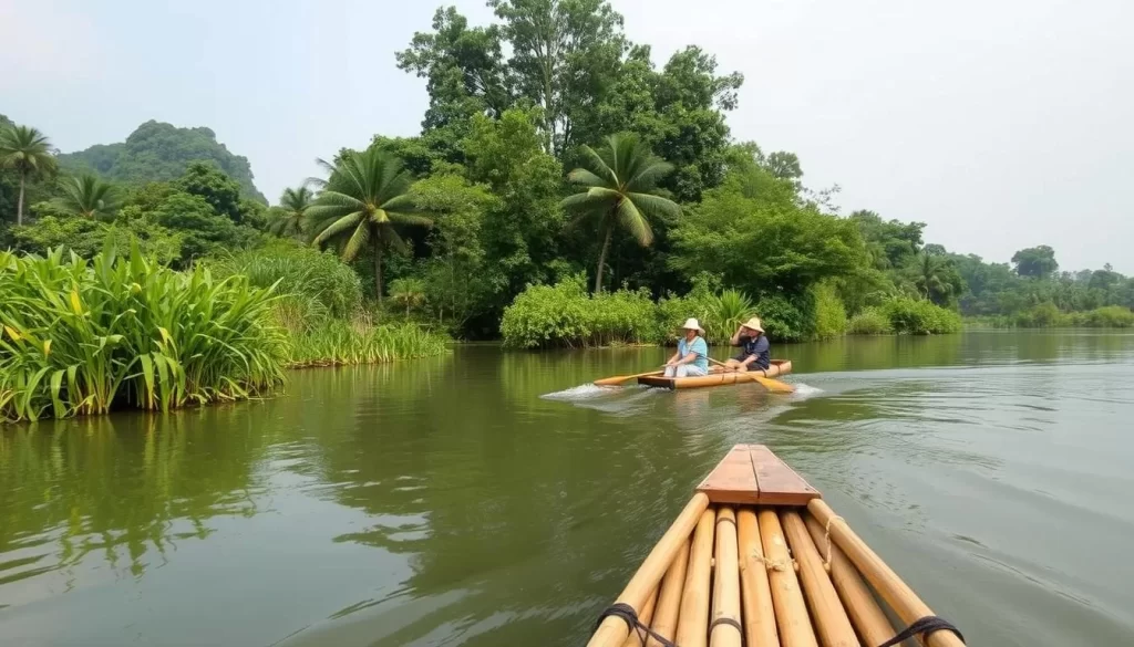Generate an image of a serene bamboo rafting tour on a calm river in Chiang Mai, with lush greenery surrounding the water.