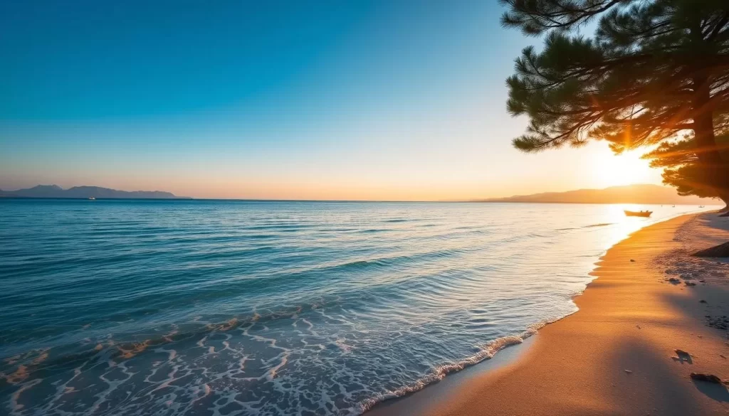 Generate an image of a serene beach on Burgazada Island with crystal-clear waters and pine trees.