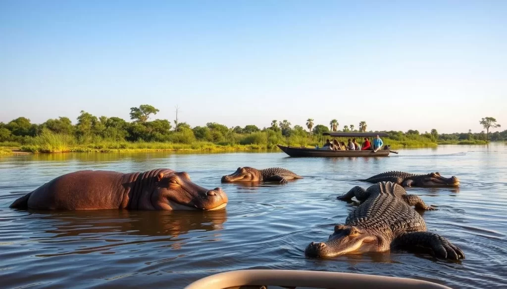 Generate an image of a serene boat safari on the Wami River, with hippos and crocodiles in the surrounding waters.